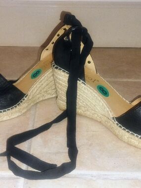 Brand New Maypol Black Espadrille Wedge Studded Sandals with Ankle Tie